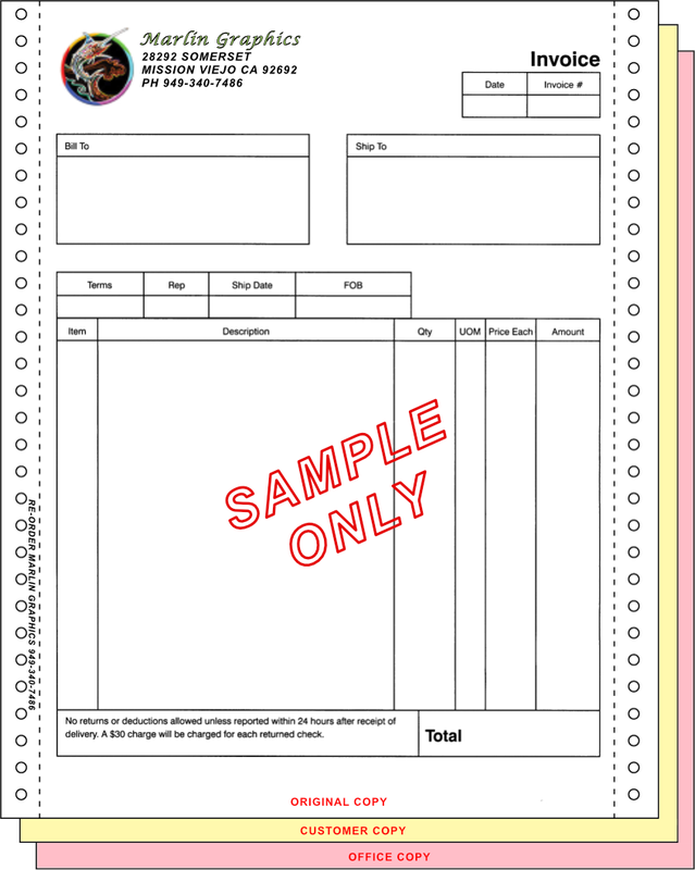 Continuous multi-part invoice with pin-feed strips