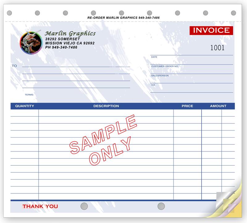 Custom snap-apart invoice sample with pale background artwork